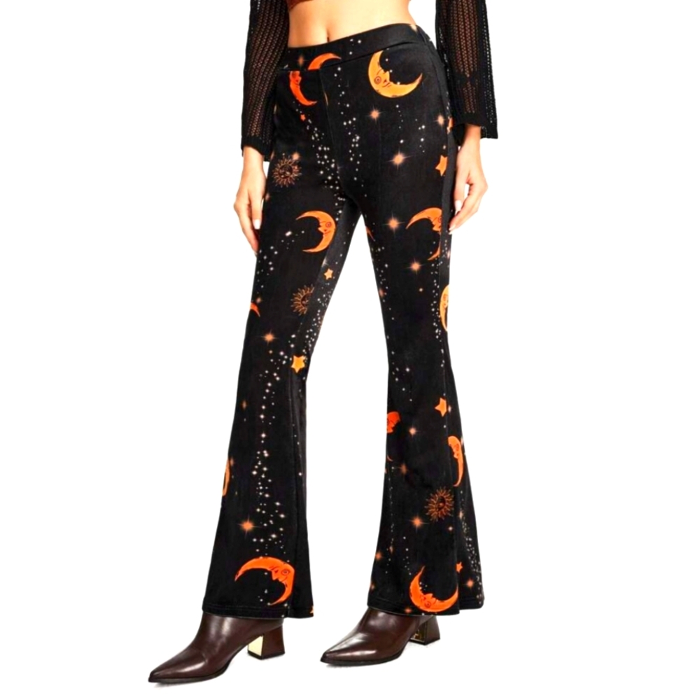 Star Moon Sun Celestial Print Velvet Flare Pants NWT